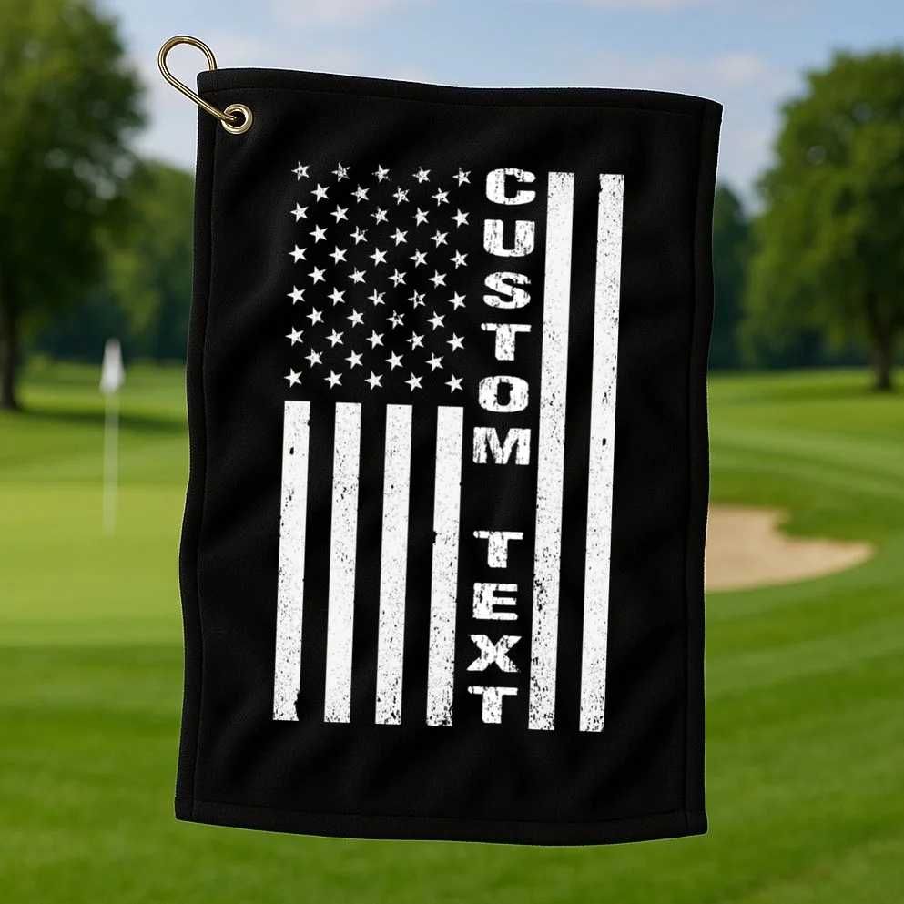 Personalized Patriotic American Flag Vintage Custom Text Golf Towel - Front 1