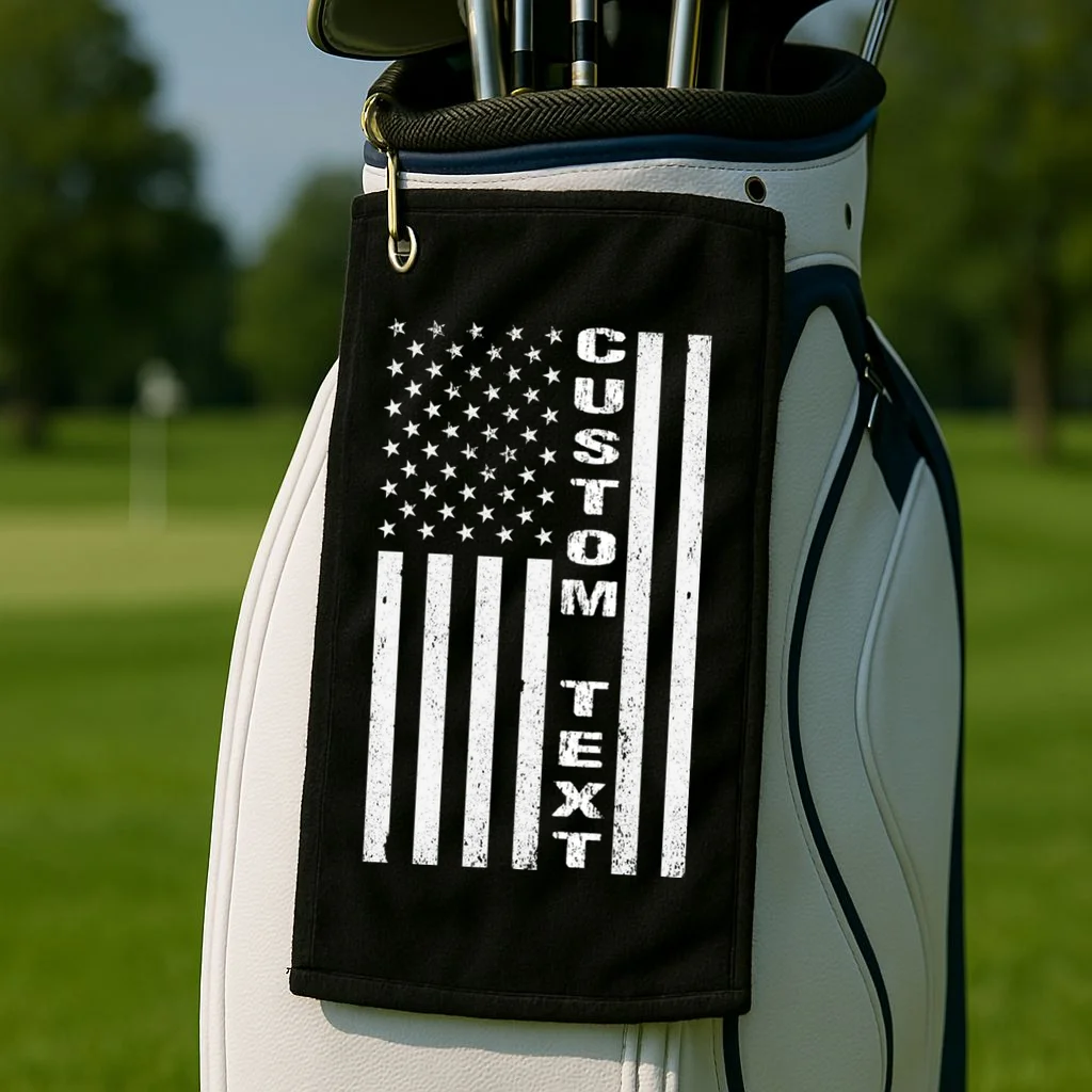Personalized Patriotic American Flag Vintage Custom Text Golf Towel - Front 2