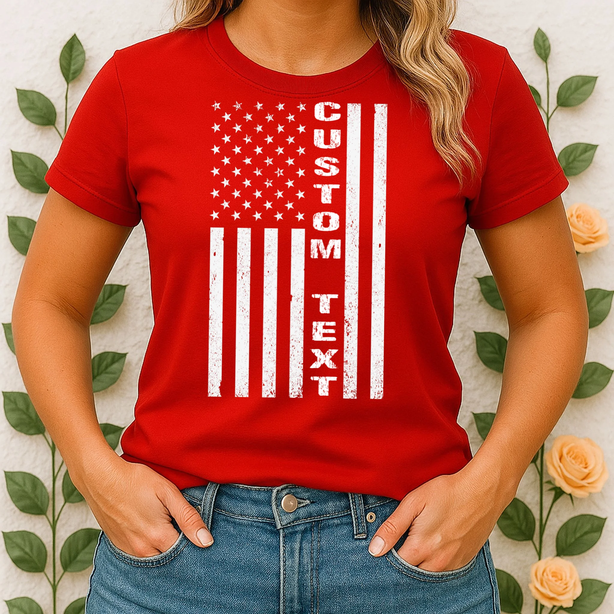 Personalized Patriotic American Flag Vintage Custom Text Women's T-Shirt - Front 1