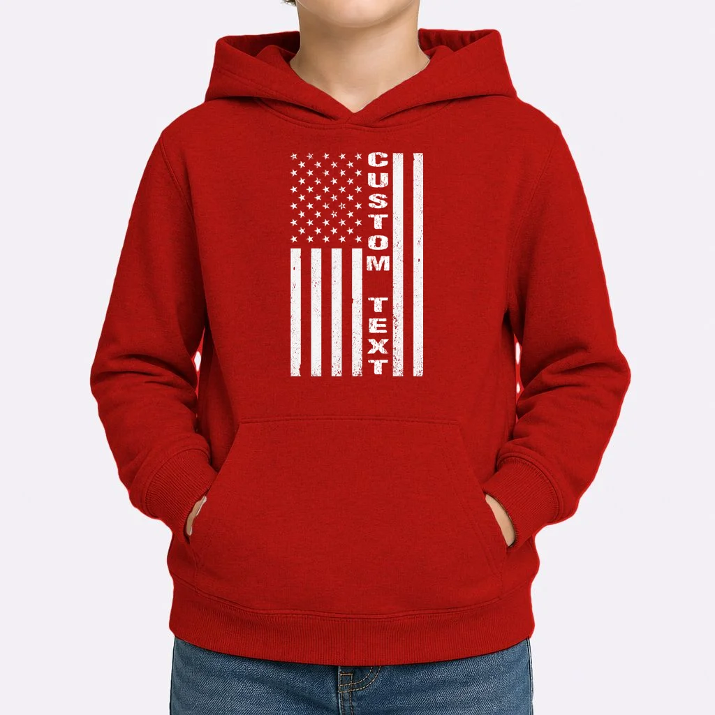 Personalized Patriotic American Flag Vintage Custom Text Kids Hoodie - Front 1