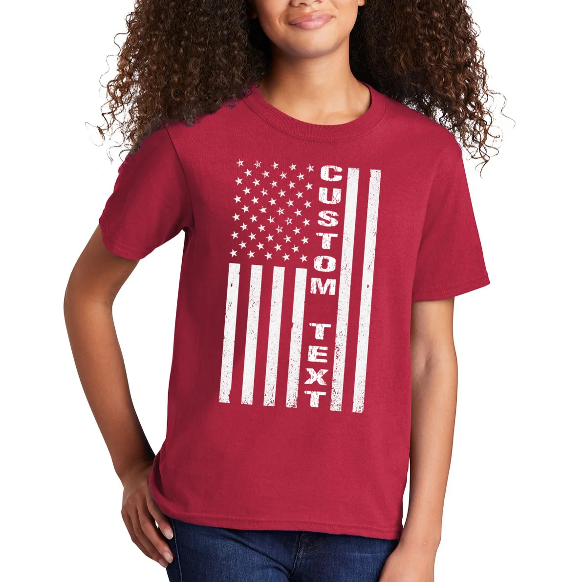 Personalized Patriotic American Flag Vintage Custom Text Kids T-Shirt - Front 1