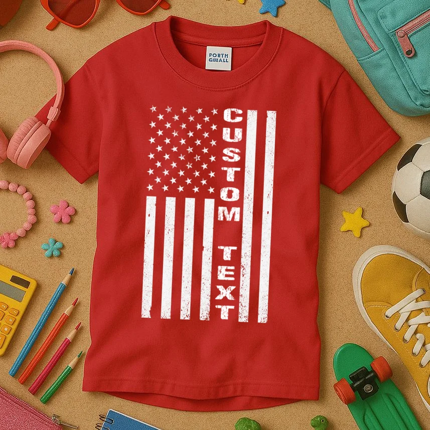 Personalized Patriotic American Flag Vintage Custom Text Kids T-Shirt - Front 2