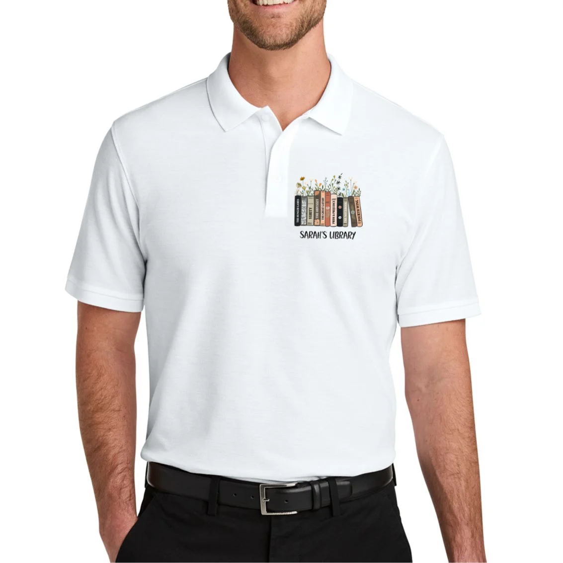 Personalized Library Book Names Men's Polo - Front 1