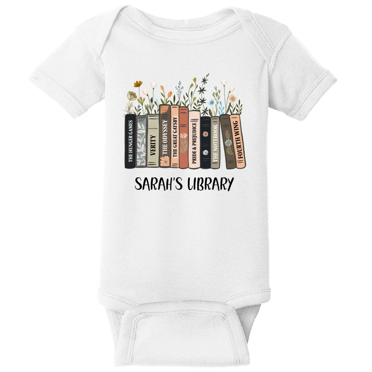 Personalized Library Book Names Baby Bodysuit - Front