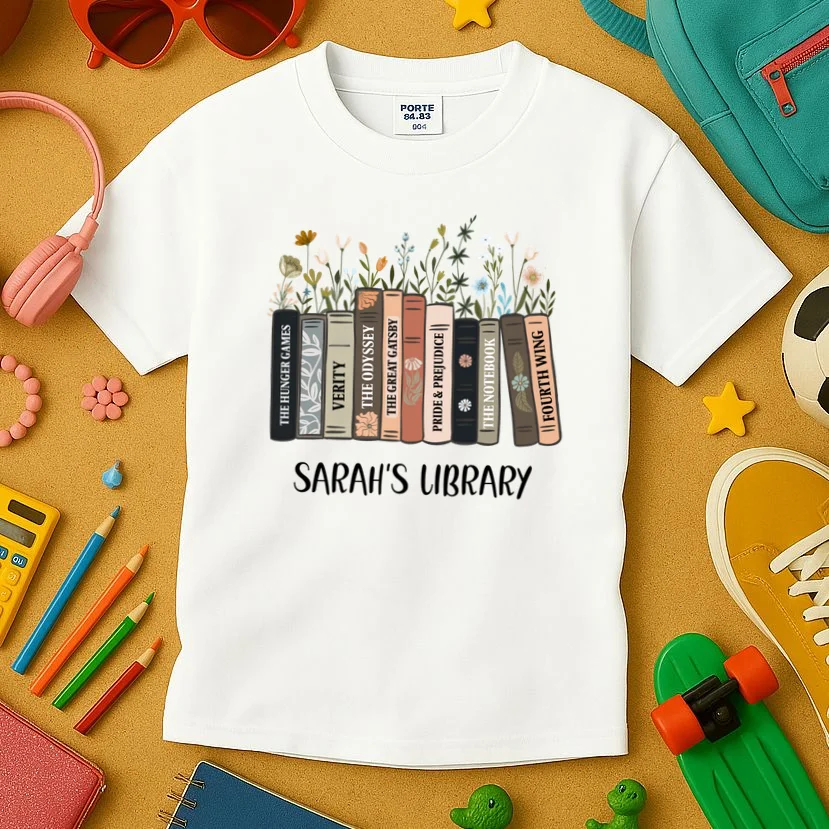 Personalized Library Book Names Kids T-Shirt - Front 2