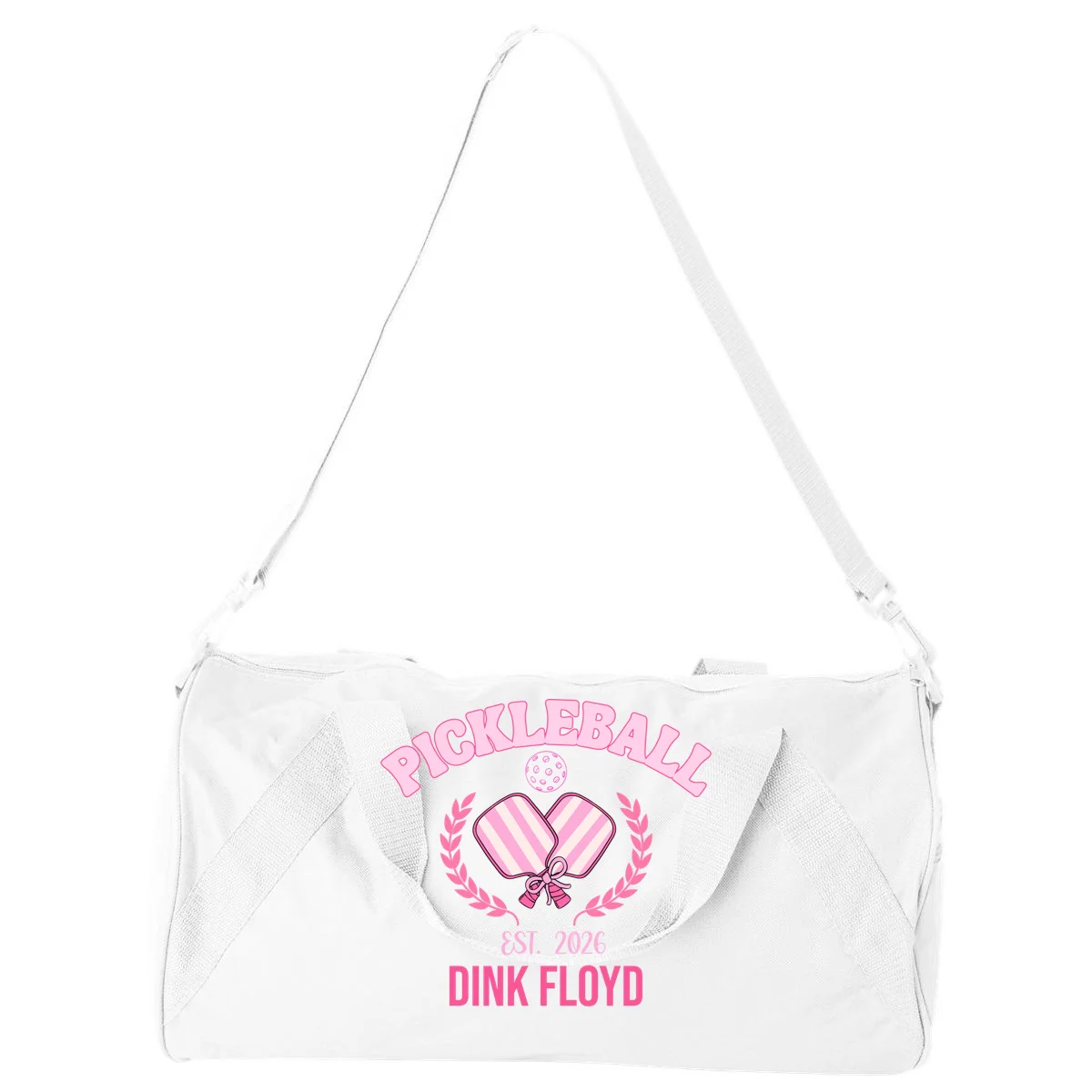 Pickleball Pink Custom Team Name and Year Duffel Bag - Front