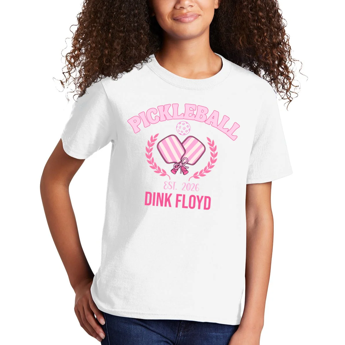 Pickleball Pink Custom Team Name and Year Kids T-Shirt - Front 1