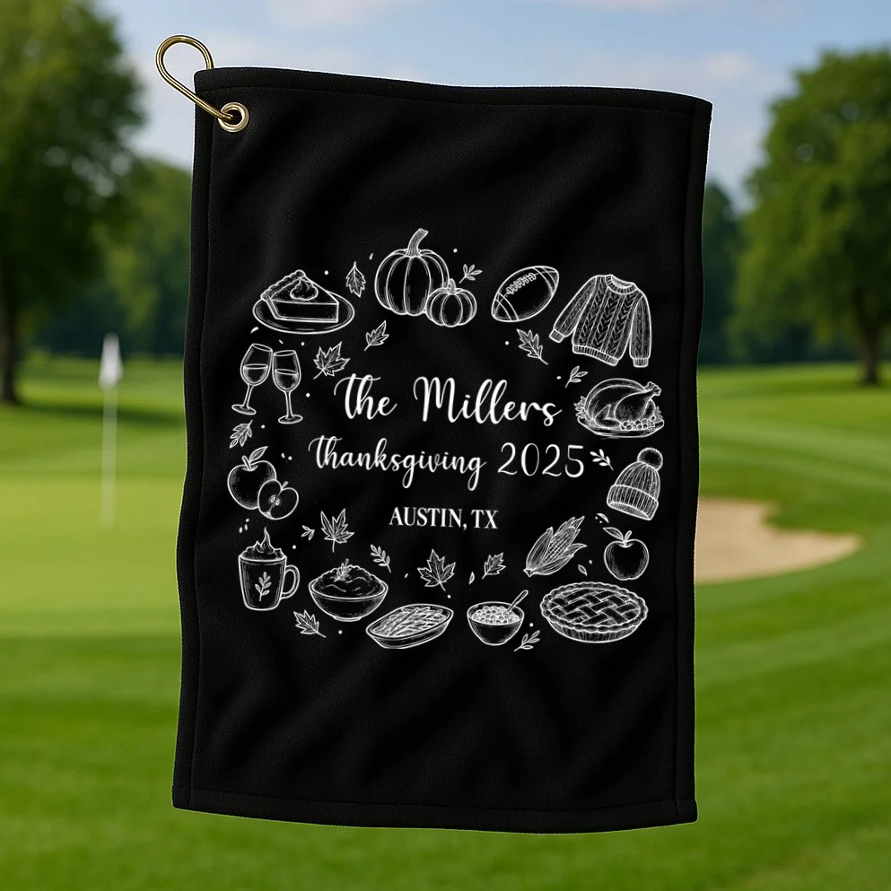 Personalized Thanksgiving Family Name Custom Gift - Rustic Thanksgiving Family Design Golf Towel - Front 1