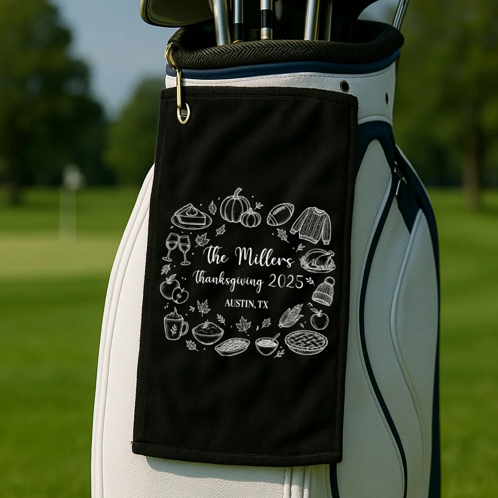 Personalized Thanksgiving Family Name Custom Gift - Rustic Thanksgiving Family Design Golf Towel - Front 2
