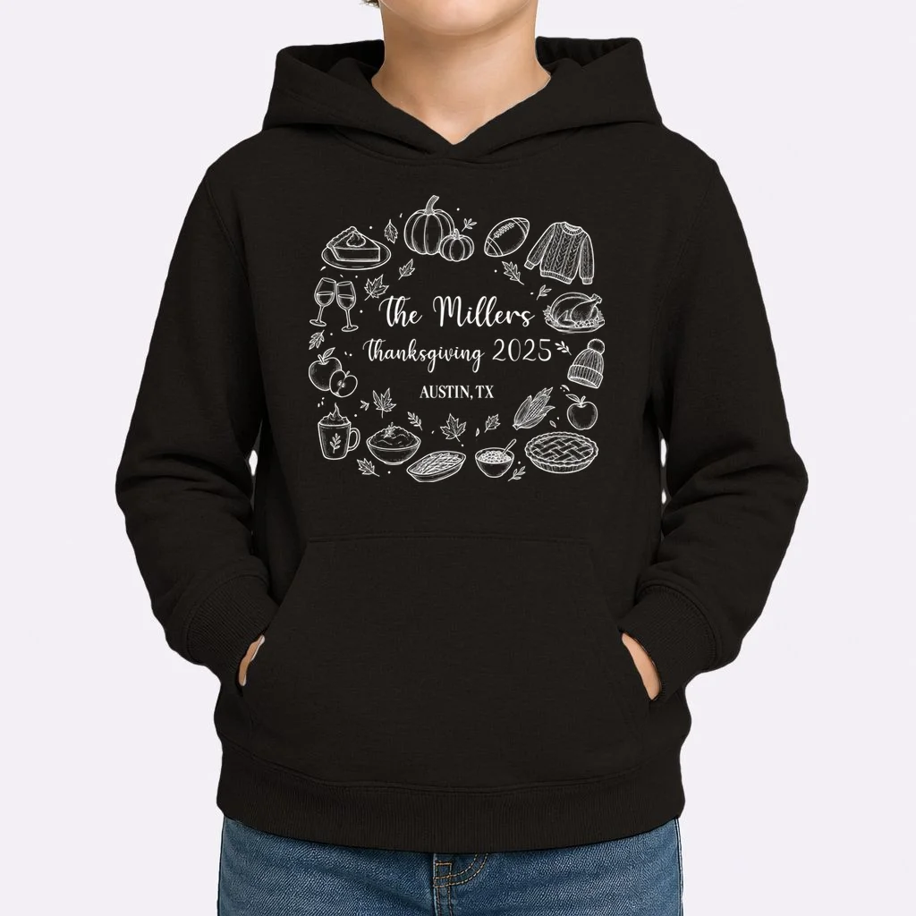 Personalized Thanksgiving Family Name Custom Gift - Rustic Thanksgiving Family Design Kids Hoodie - Front 1