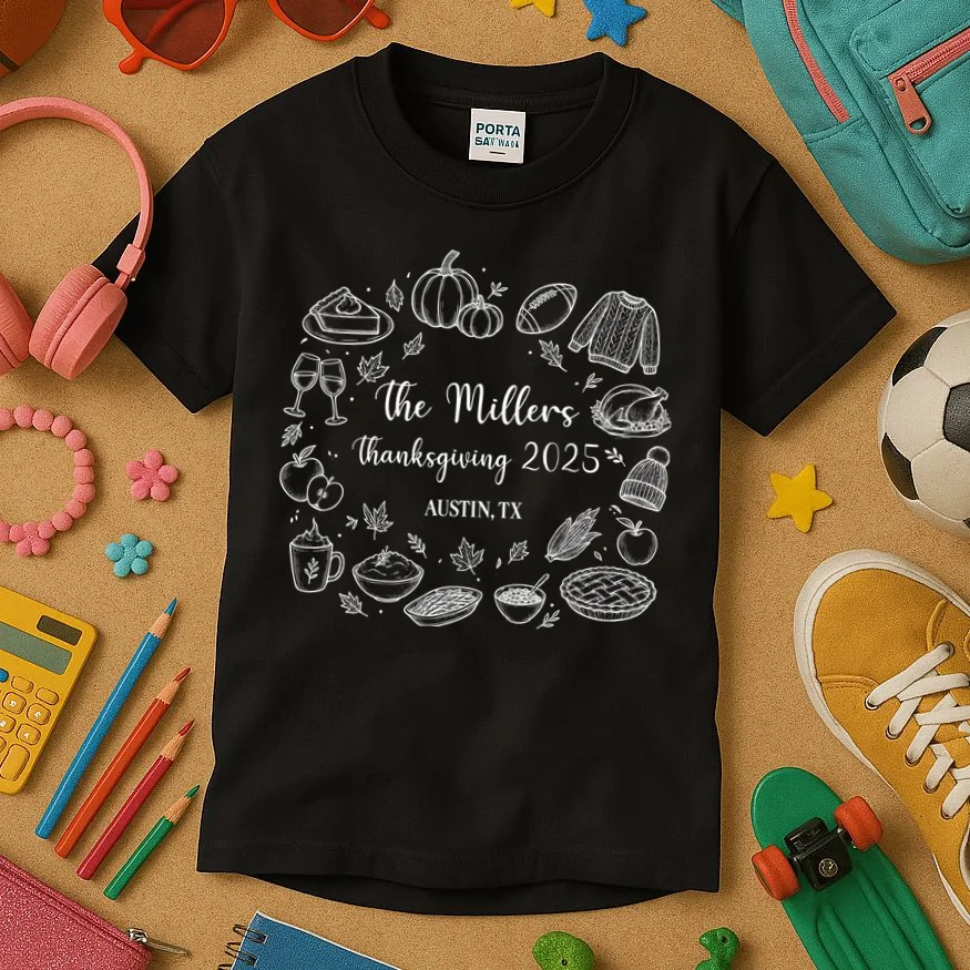 Personalized Thanksgiving Family Name Custom Gift - Rustic Thanksgiving Family Design Kids T-Shirt - Front 2