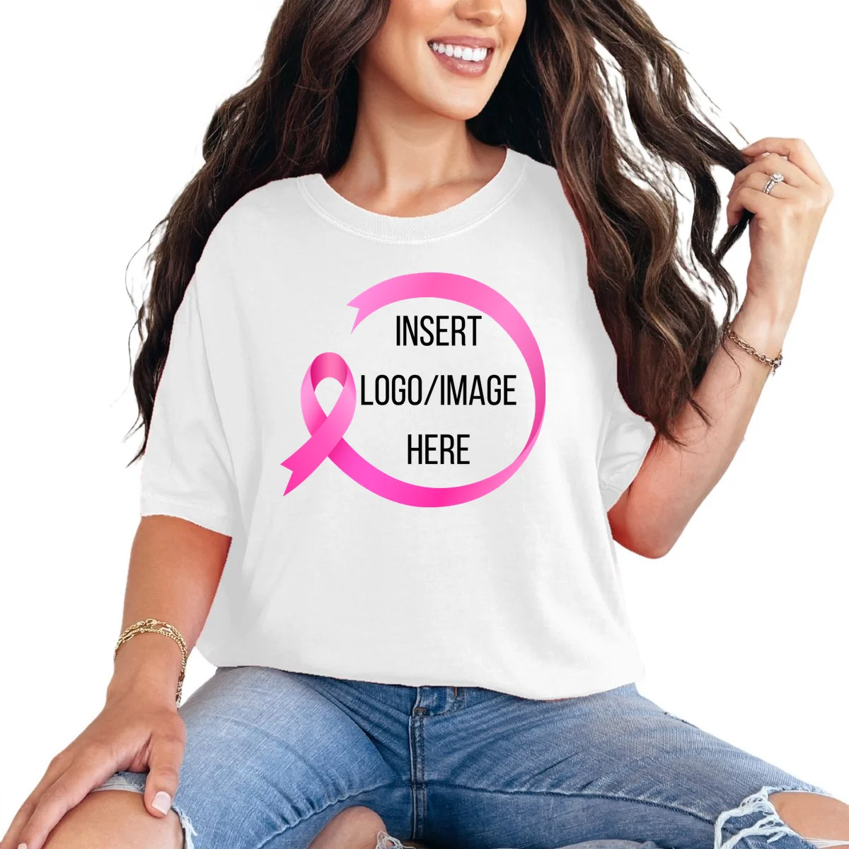 Pink Ribbon Breast Cancer Awareness Company Logo Custom T-Shirt - Front