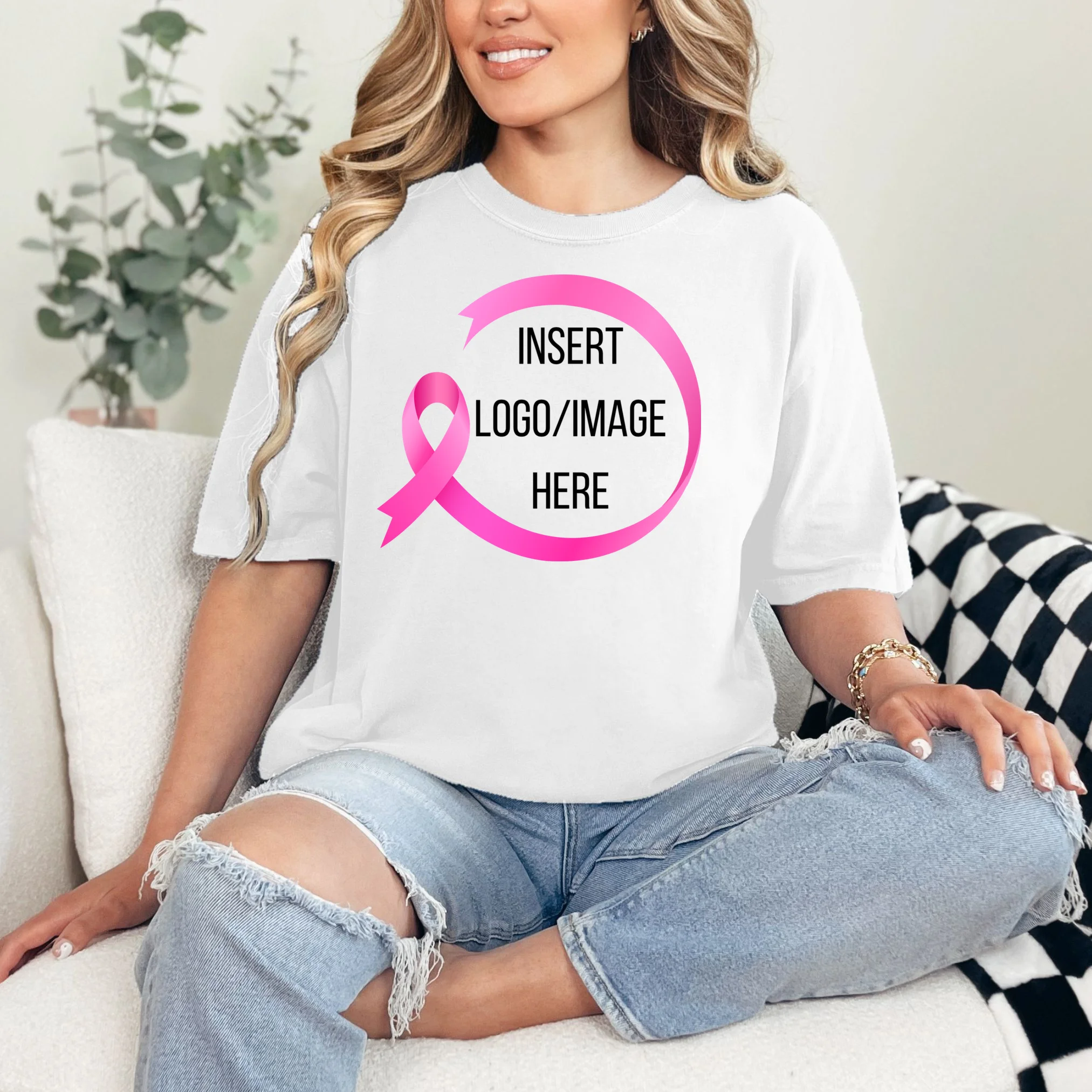 Pink Ribbon Breast Cancer Awareness Company Logo Custom T-Shirt - Front 1