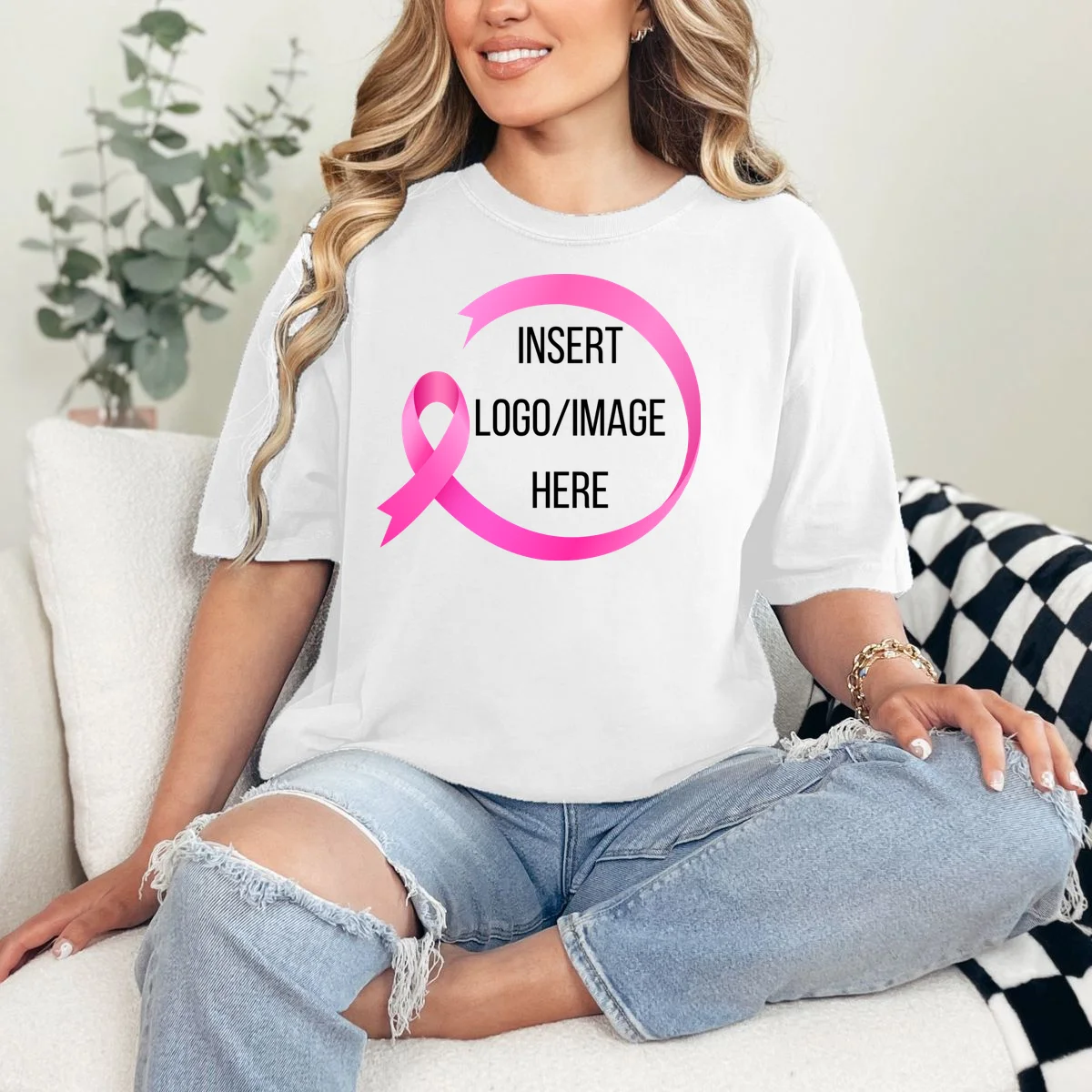 Pink Ribbon Breast Cancer Awareness Company Logo Custom T-Shirt - Front 1