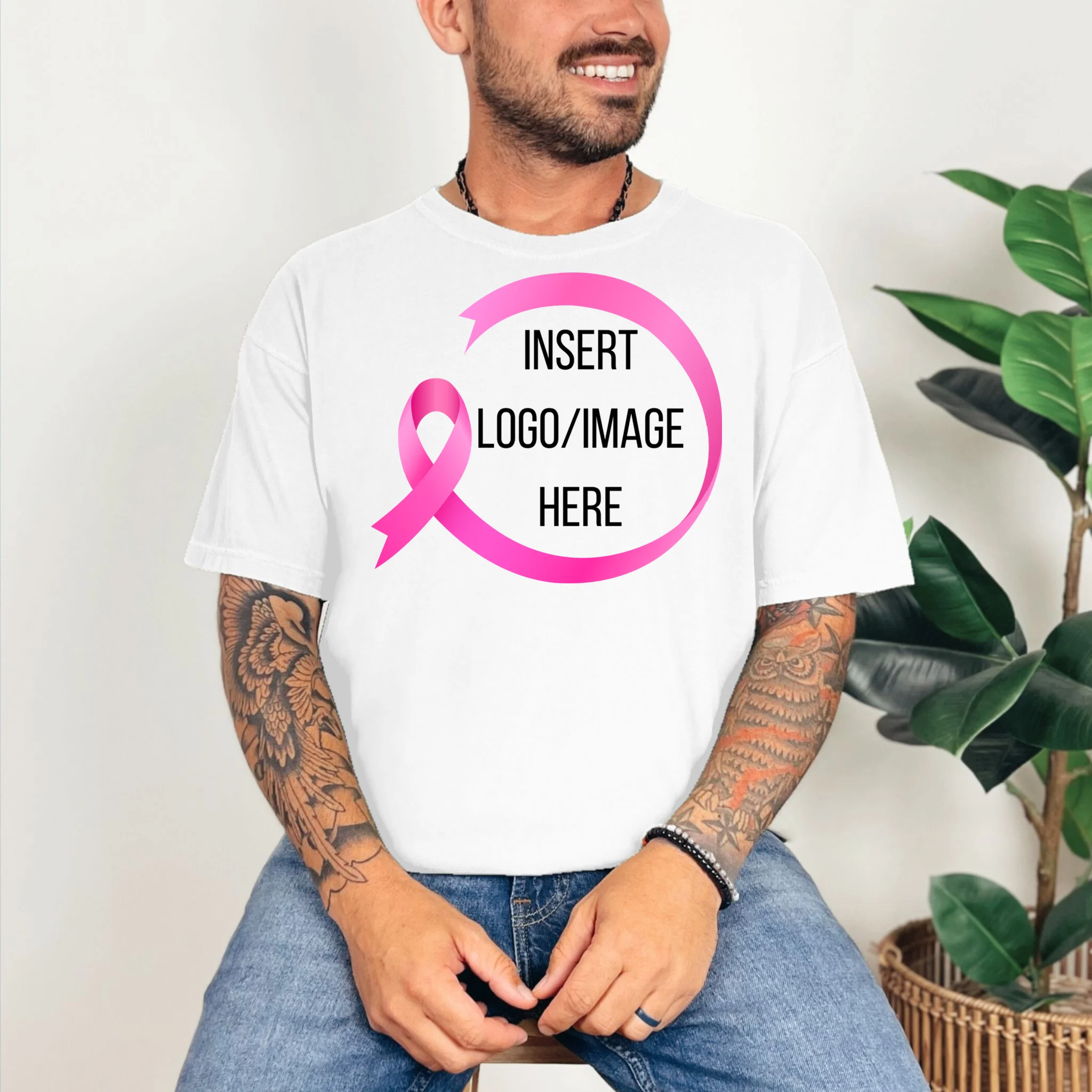 Pink Ribbon Breast Cancer Awareness Company Logo Custom T-Shirt - Front 2