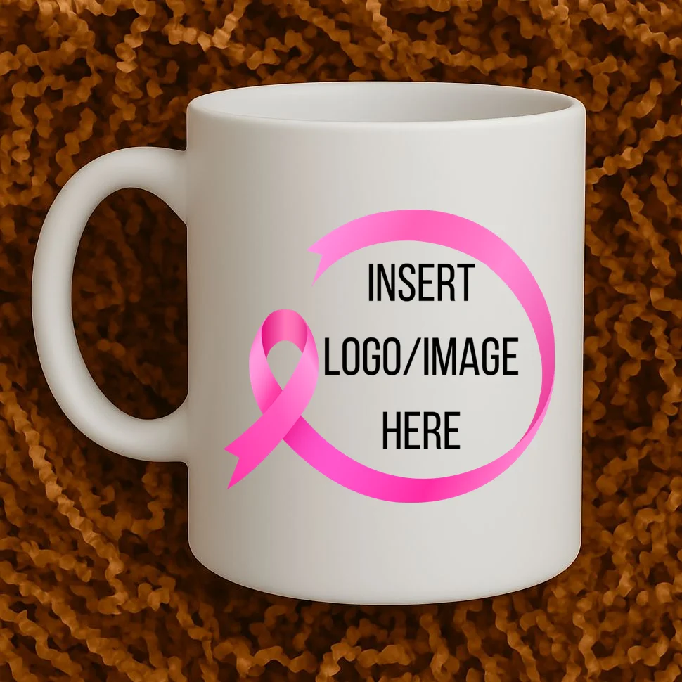 Pink Ribbon Breast Cancer Awareness Company Logo Custom Coffee Mug - Front 1