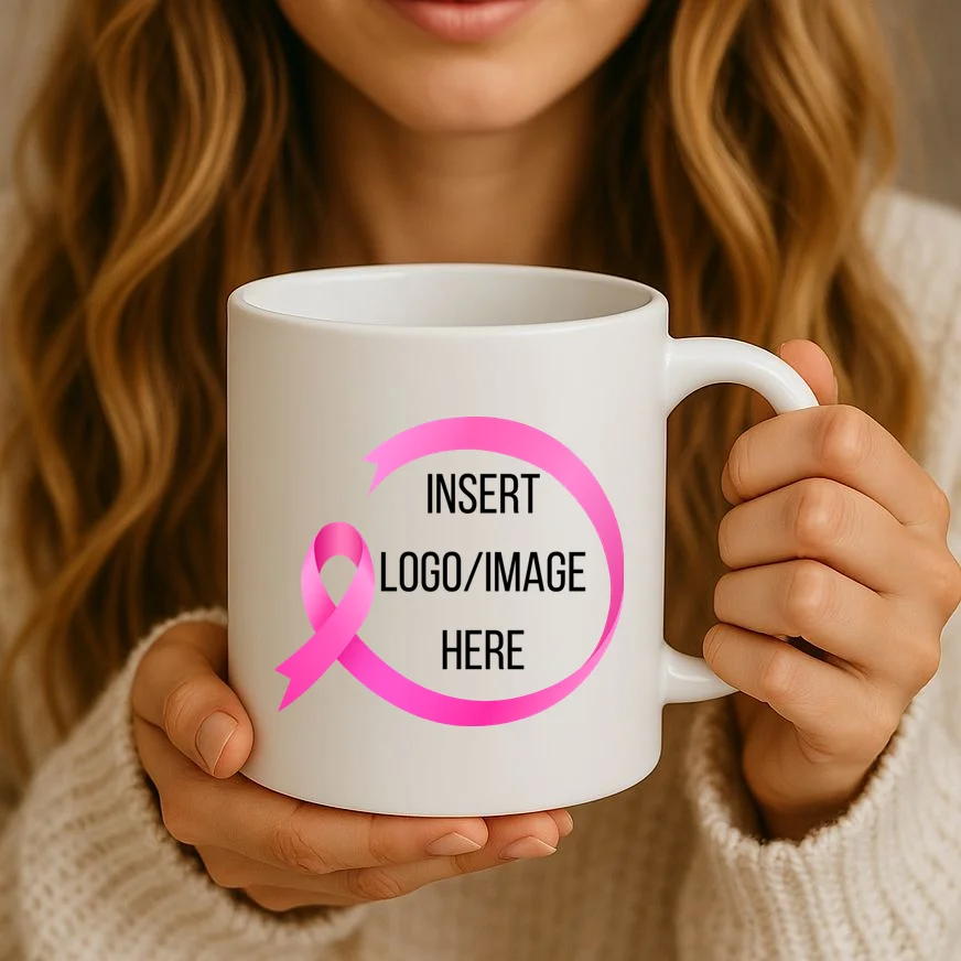 Pink Ribbon Breast Cancer Awareness Company Logo Custom Coffee Mug - Front 2
