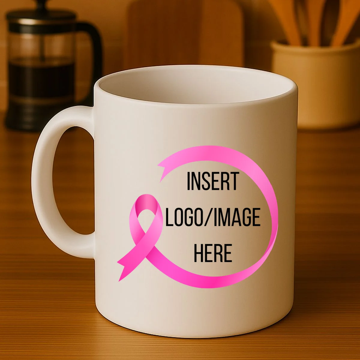 Pink Ribbon Breast Cancer Awareness Company Logo Custom Coffee Mug - Front 3