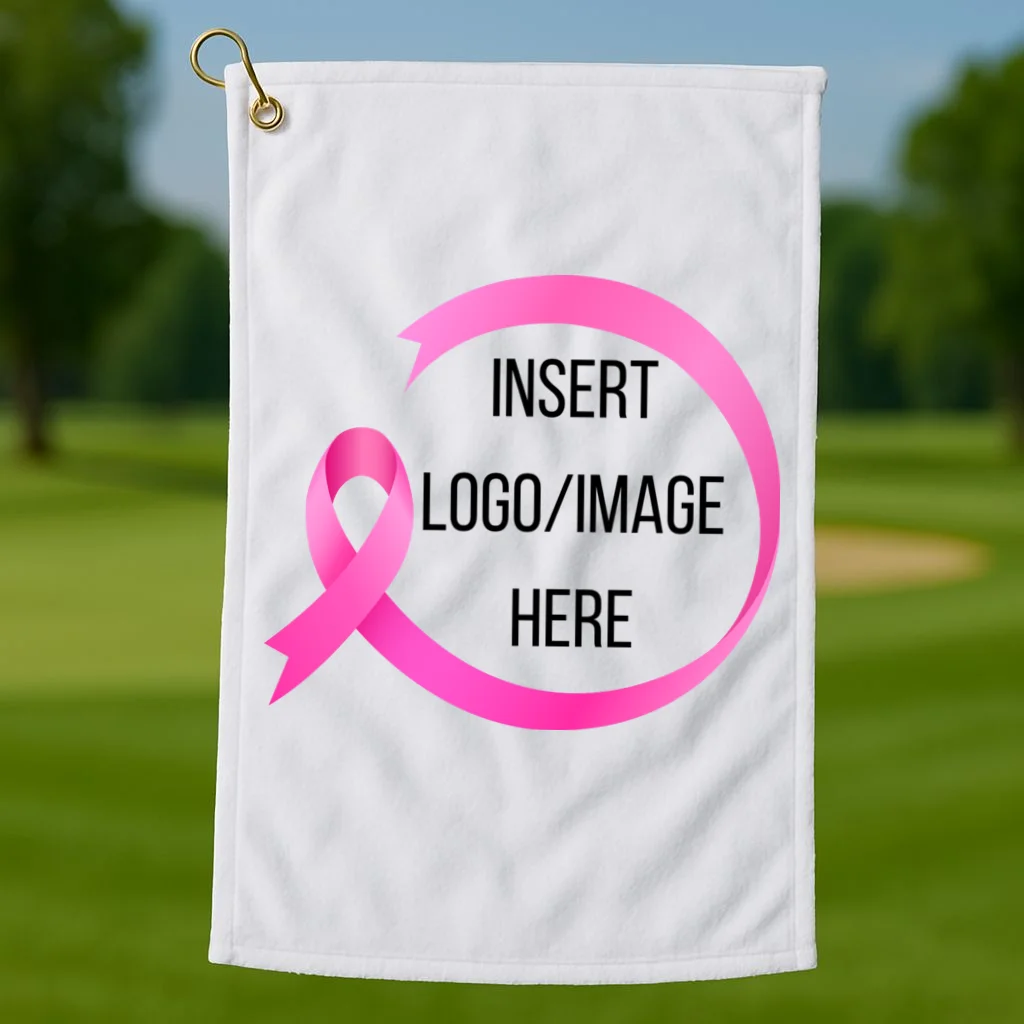 Pink Ribbon Breast Cancer Awareness Company Logo Custom Golf Towel - Front 1