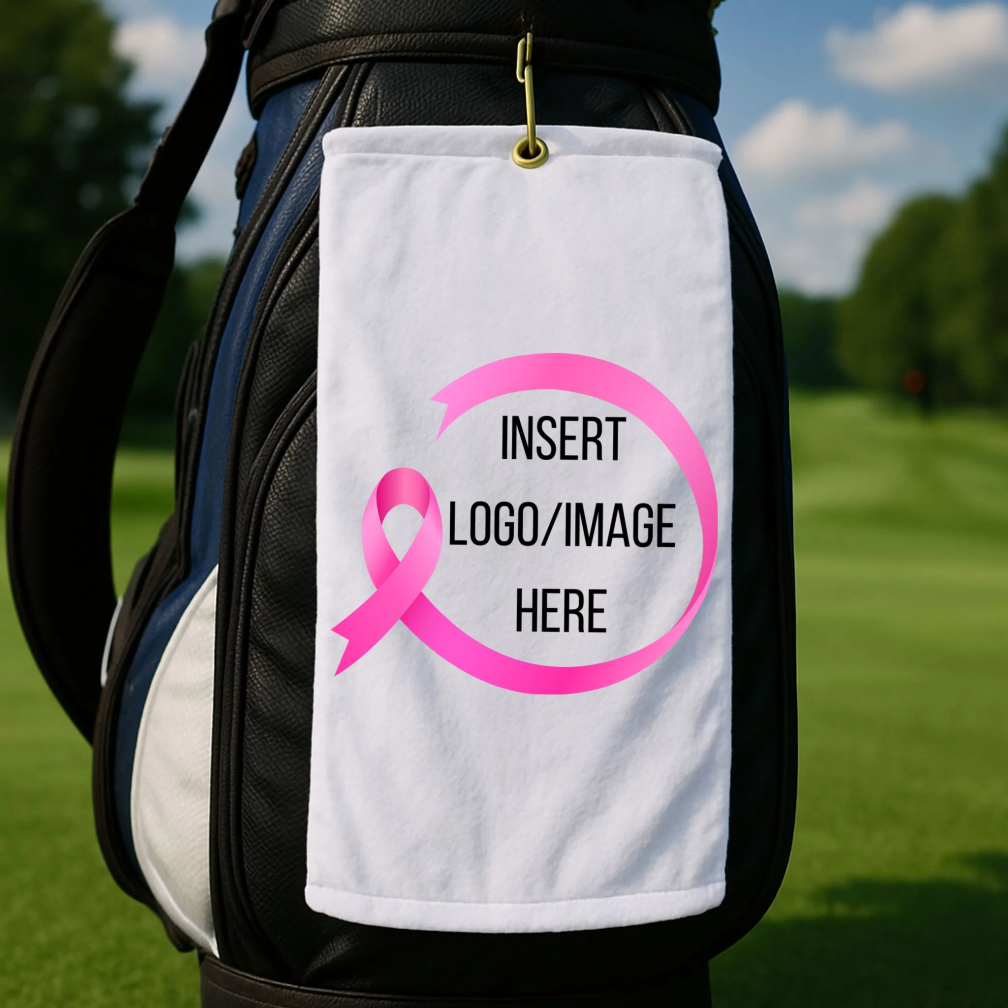 Pink Ribbon Breast Cancer Awareness Company Logo Custom Golf Towel - Front 2