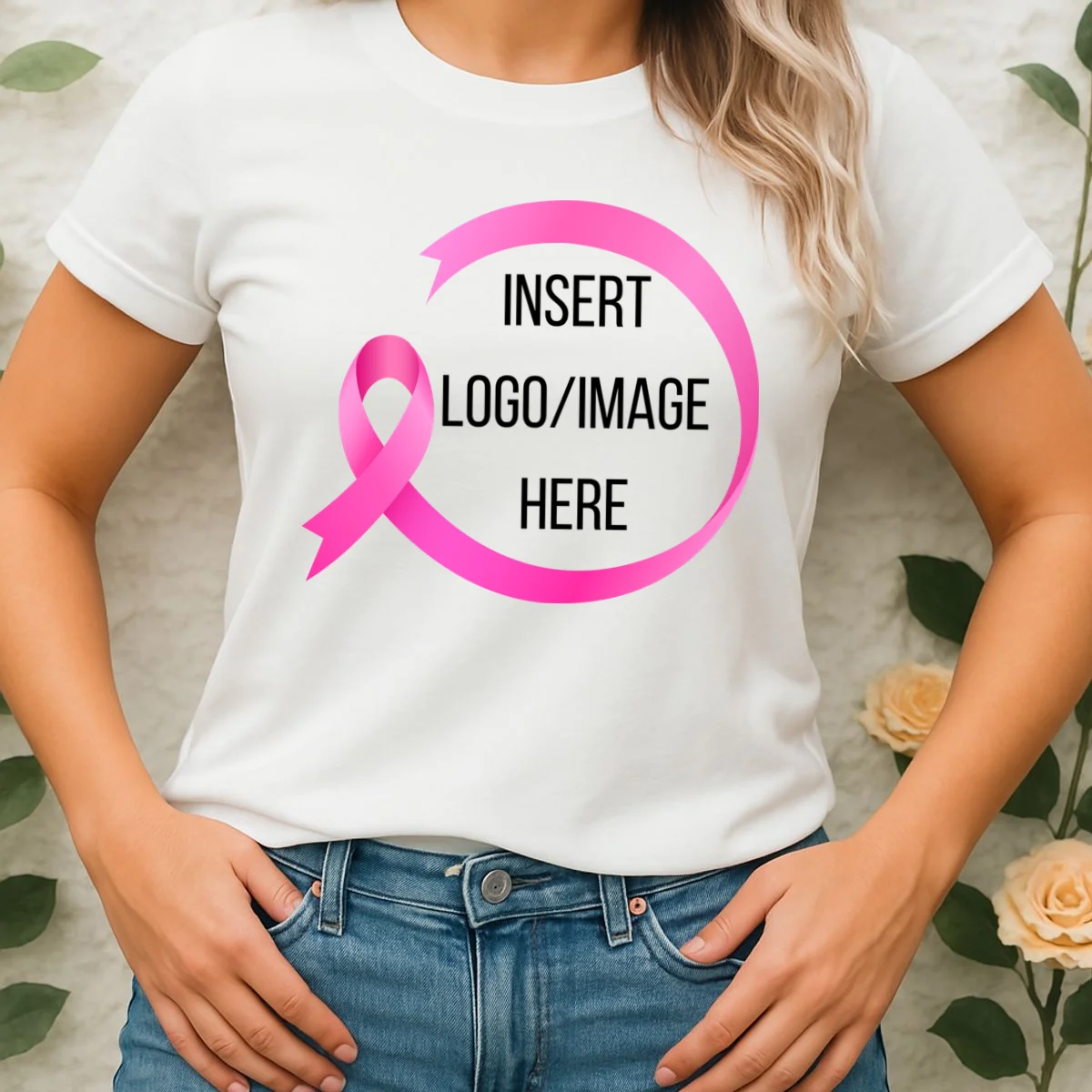 Pink Ribbon Breast Cancer Awareness Company Logo Custom Women's T-Shirt - Front 1
