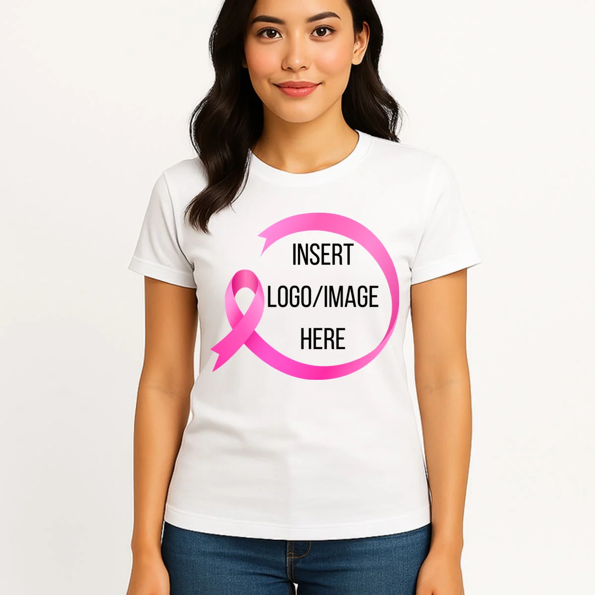 Pink Ribbon Breast Cancer Awareness Company Logo Custom Women's T-Shirt - Front 3