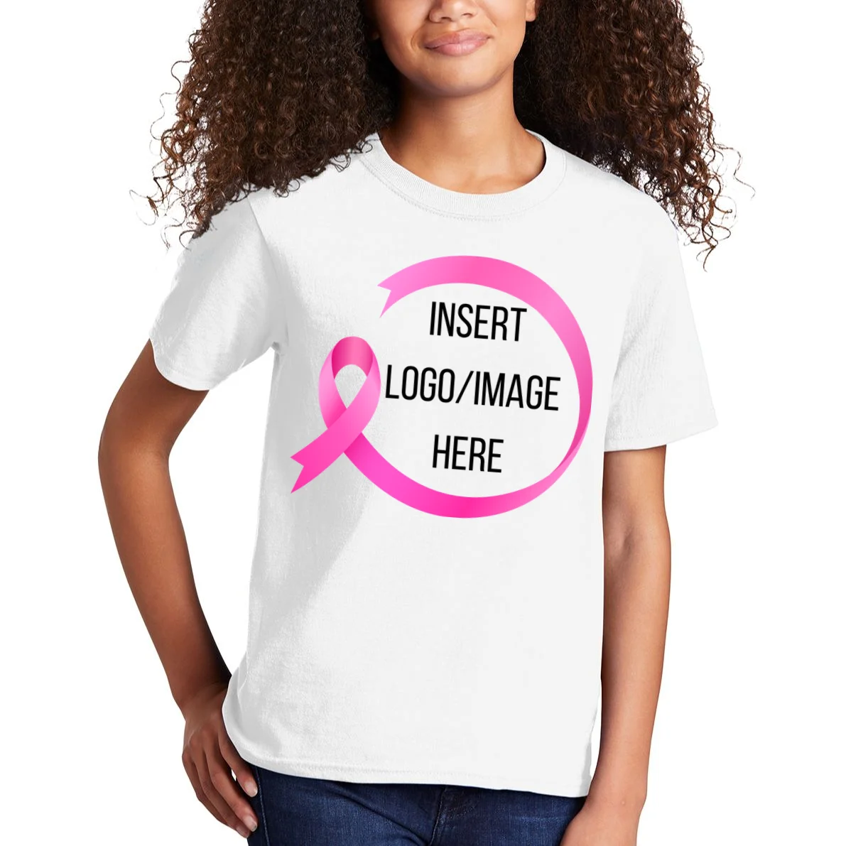 Pink Ribbon Breast Cancer Awareness Company Logo Custom Kids T-Shirt - Front 1