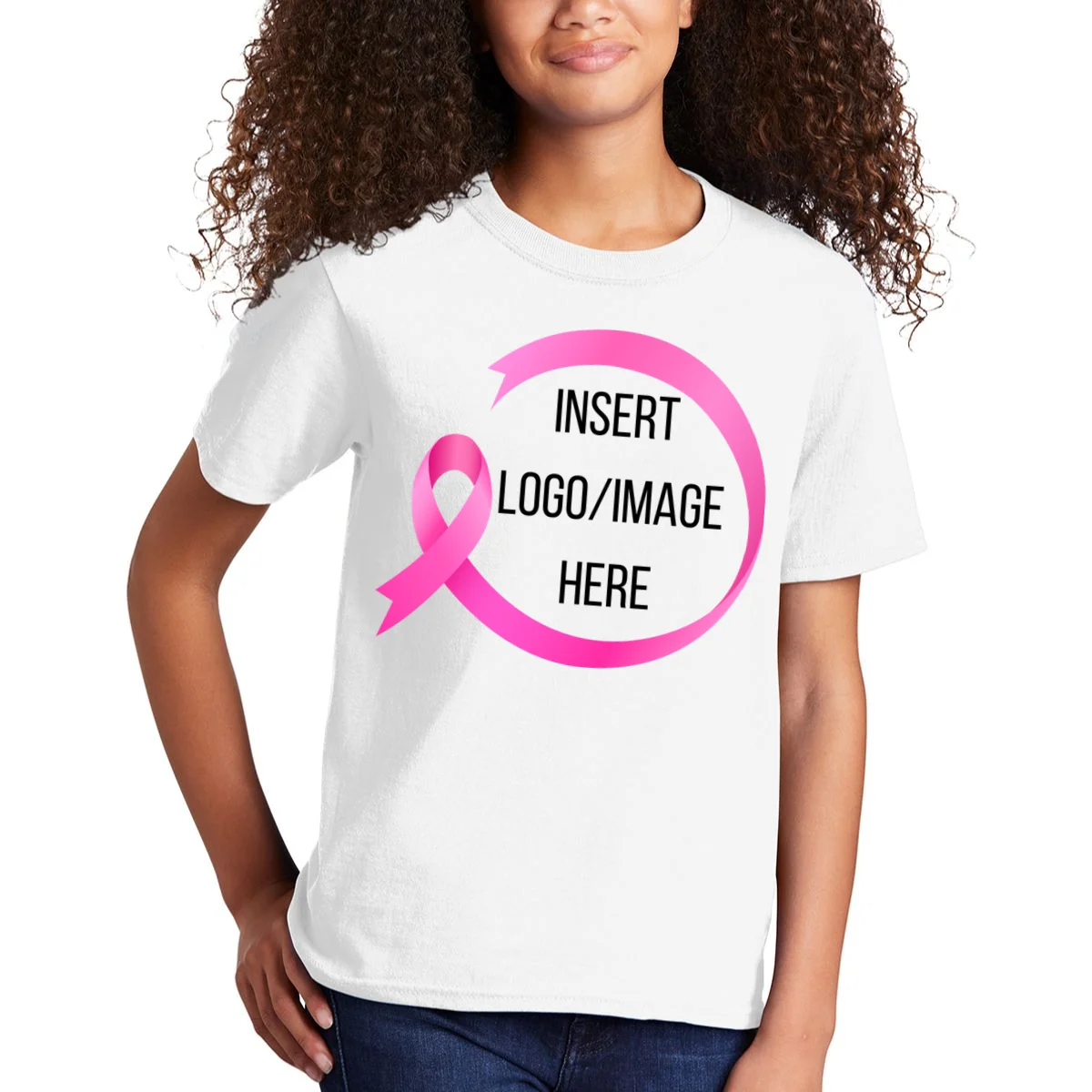 Pink Ribbon Breast Cancer Awareness Company Logo Custom Kids T-Shirt - Front 1