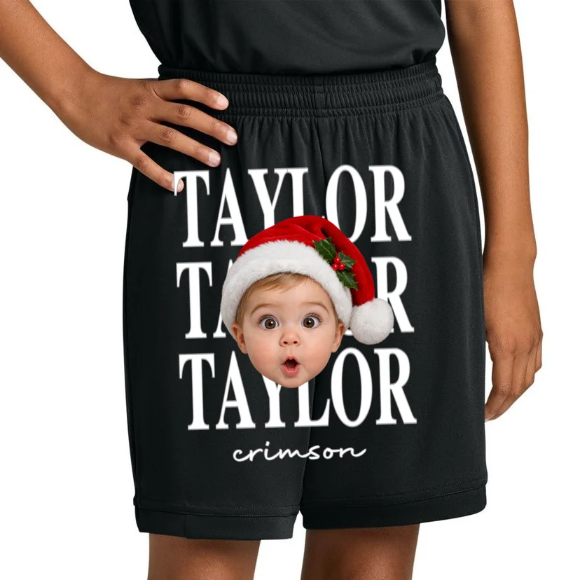 Personalized Christmas Photo Name Custom Gift - Santa Hat Portrait Holiday Design Kids Shorts - Front 1