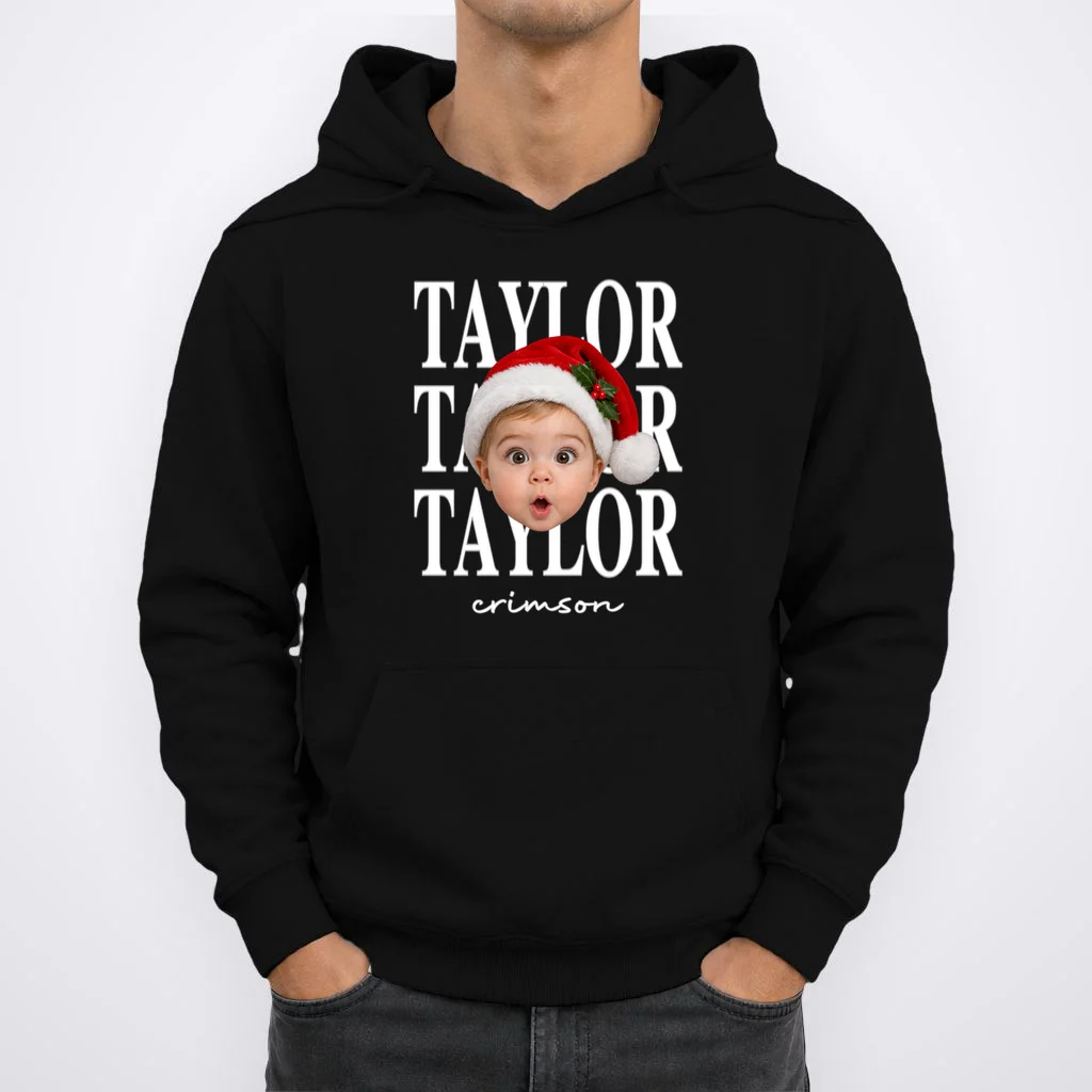 Personalized Christmas Photo Name Custom Gift - Santa Hat Portrait Holiday Design Men's Hoodie - Front 1