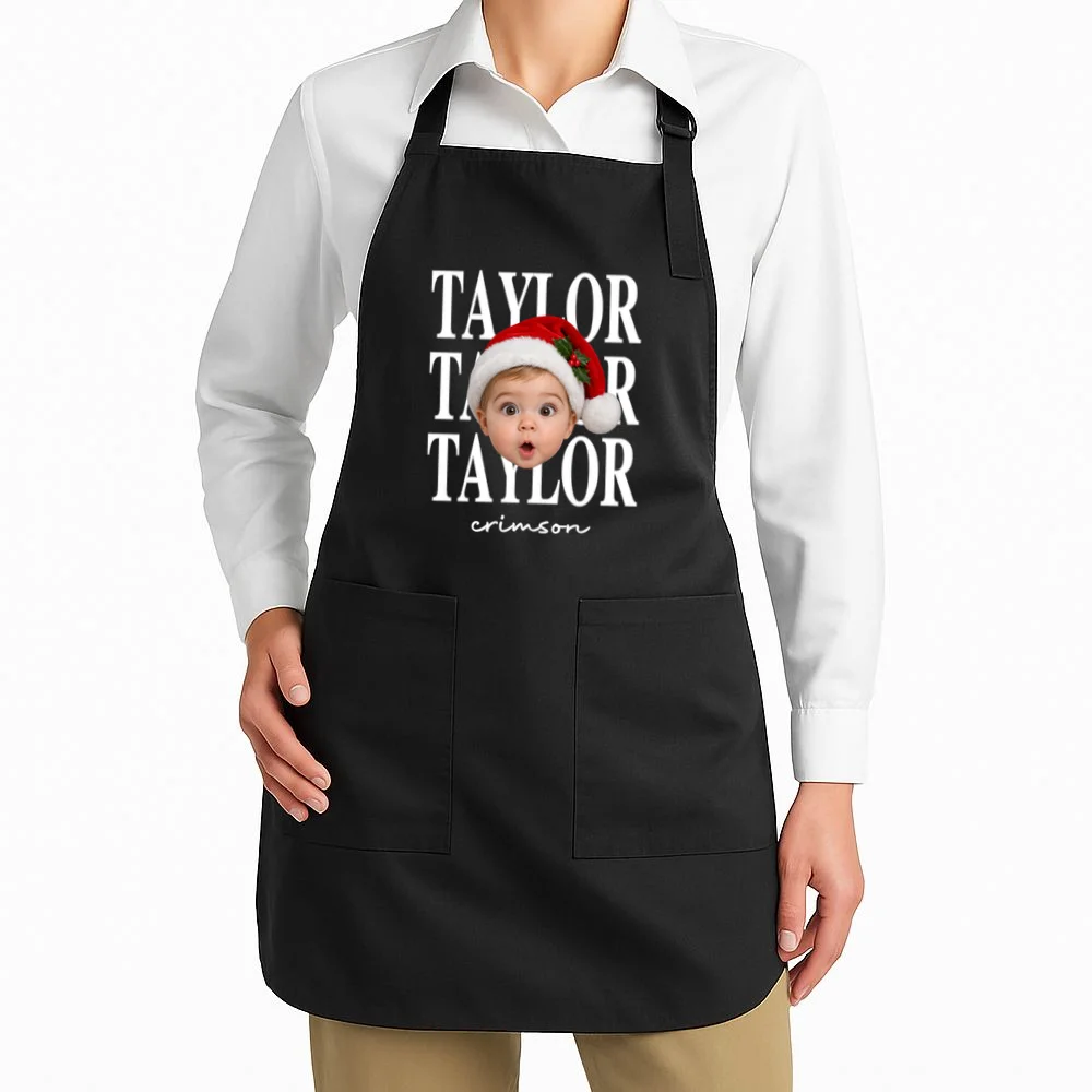 Personalized Christmas Photo Name Custom Gift - Santa Hat Portrait Holiday Design Apron - Front 1