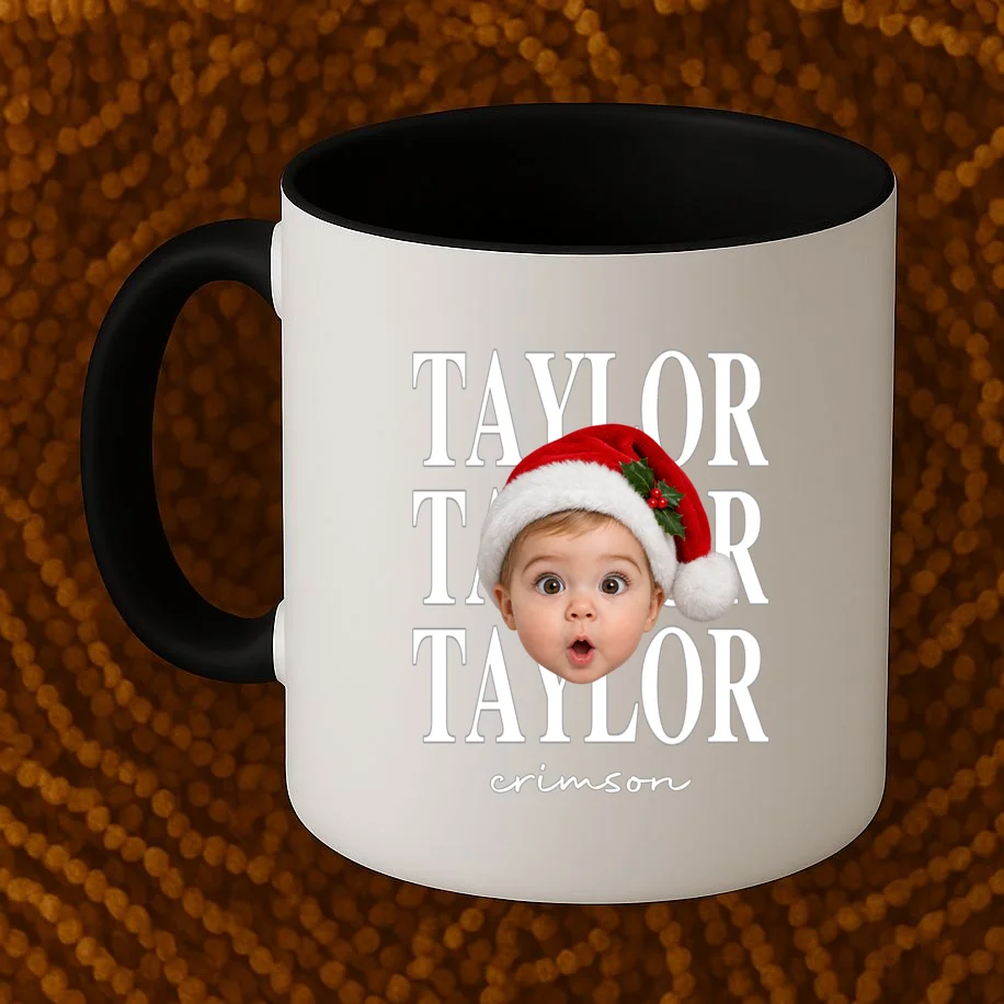 Personalized Christmas Photo Name Custom Gift - Santa Hat Portrait Holiday Design Mug - Front 1