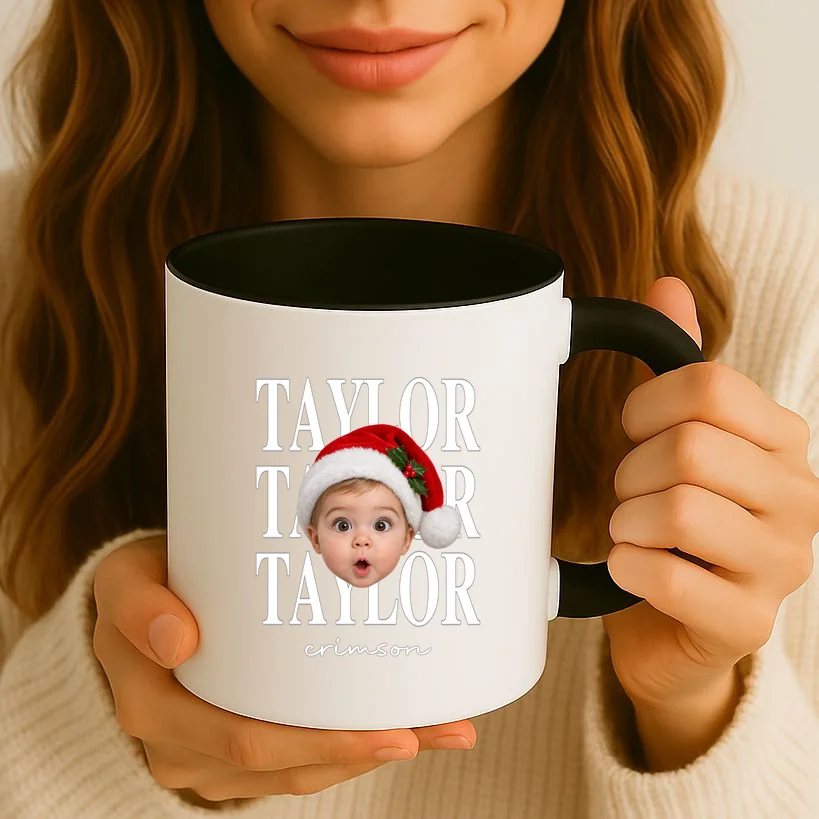 Personalized Christmas Photo Name Custom Gift - Santa Hat Portrait Holiday Design Mug - Front 2