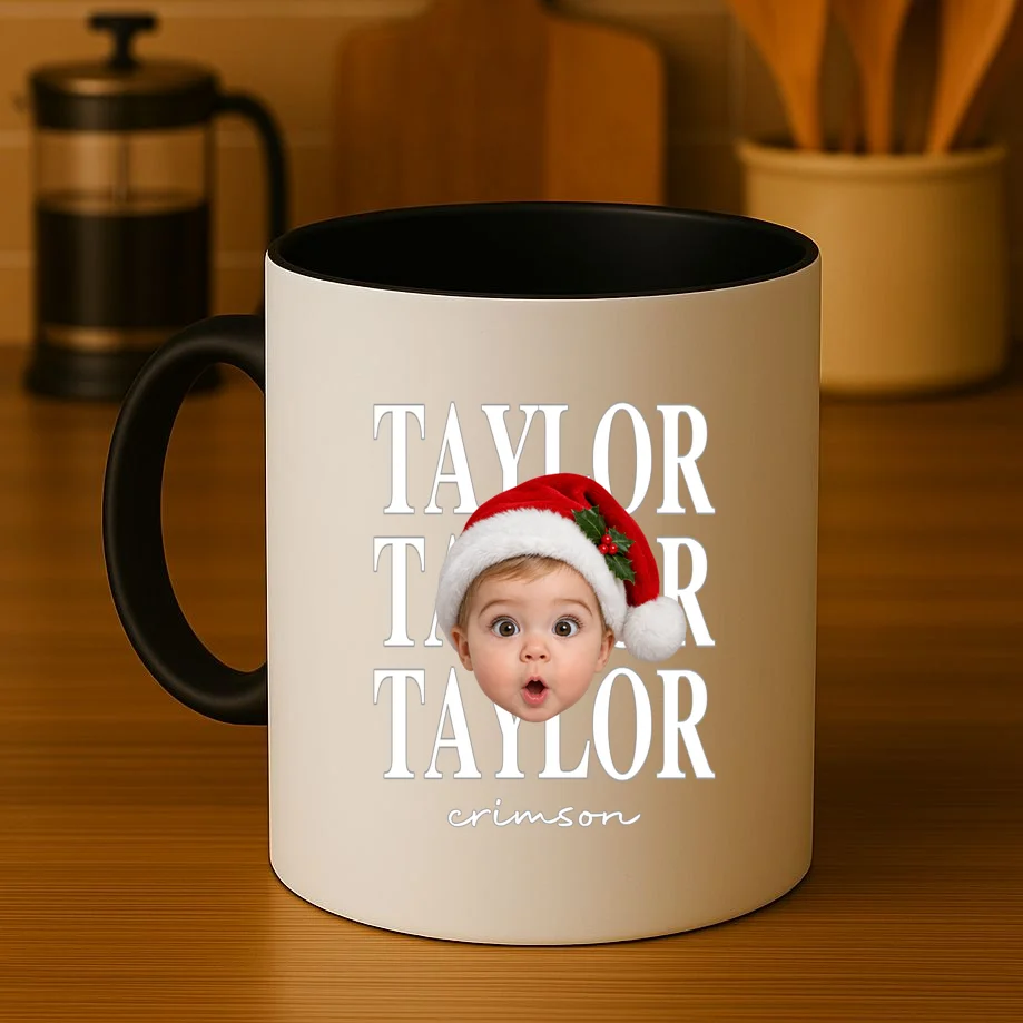 Personalized Christmas Photo Name Custom Gift - Santa Hat Portrait Holiday Design Mug - Front 3