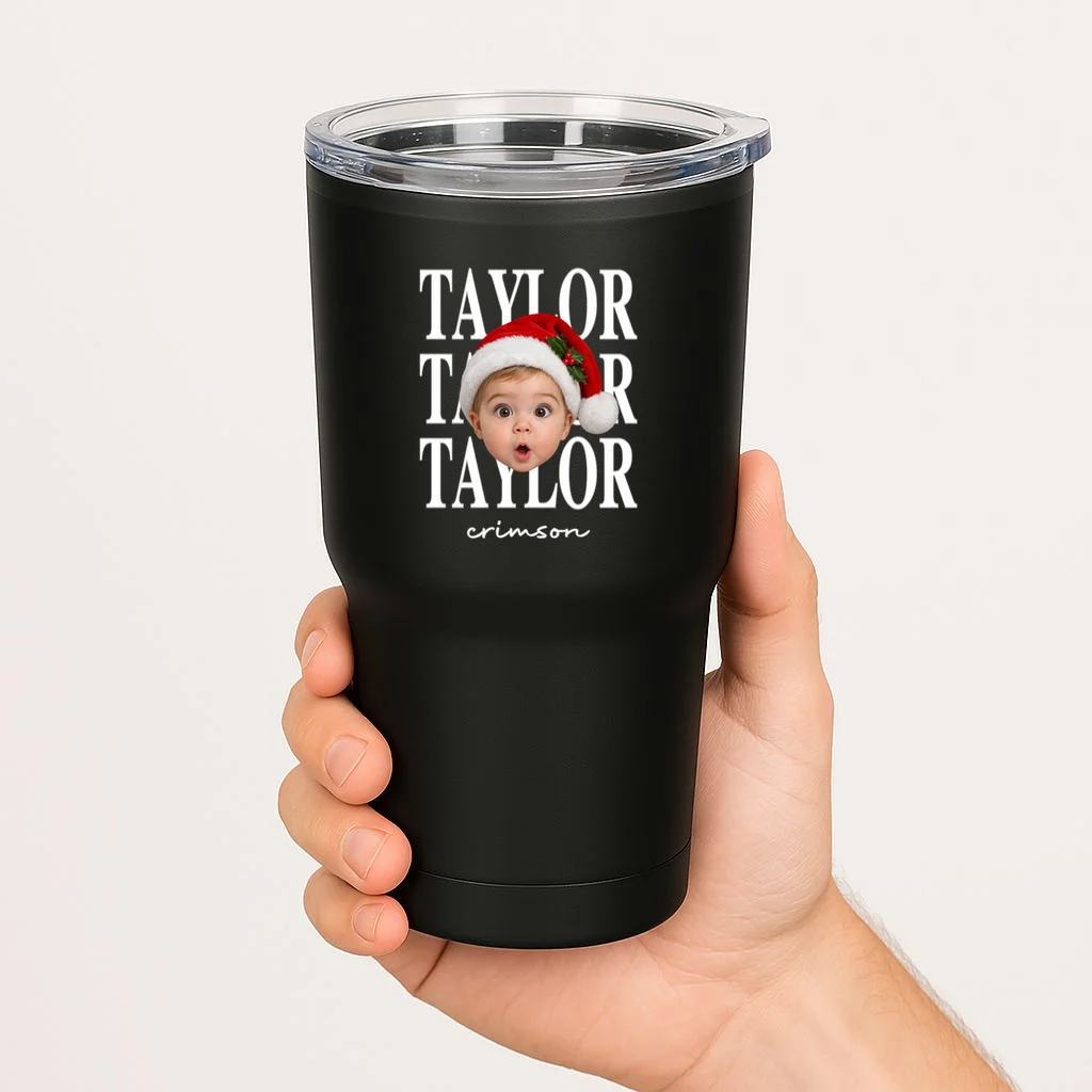 Personalized Christmas Photo Name Custom Gift - Santa Hat Portrait Holiday Design 20oz Tumbler - Front 1