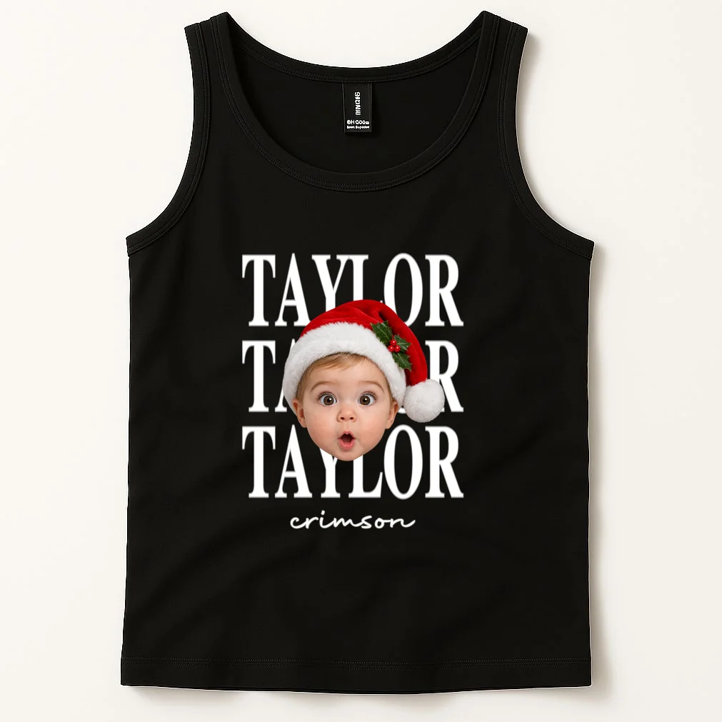 Personalized Christmas Photo Name Custom Gift - Santa Hat Portrait Holiday Design Men's Tank Top - Front 1