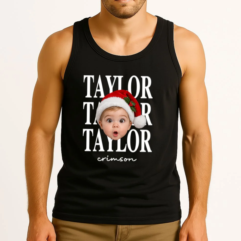 Personalized Christmas Photo Name Custom Gift - Santa Hat Portrait Holiday Design Men's Tank Top - Front 2