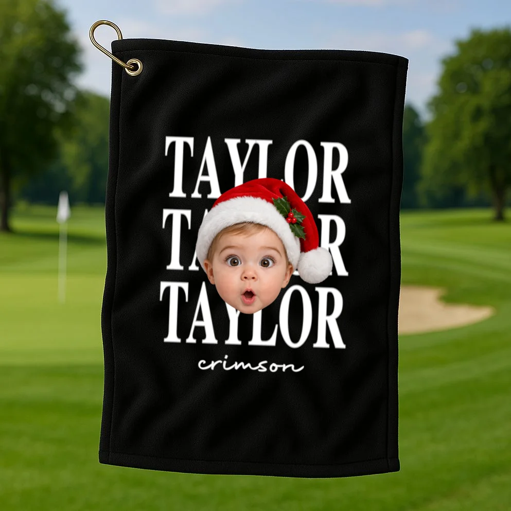 Personalized Christmas Photo Name Custom Gift - Santa Hat Portrait Holiday Design Golf Towel - Front 1