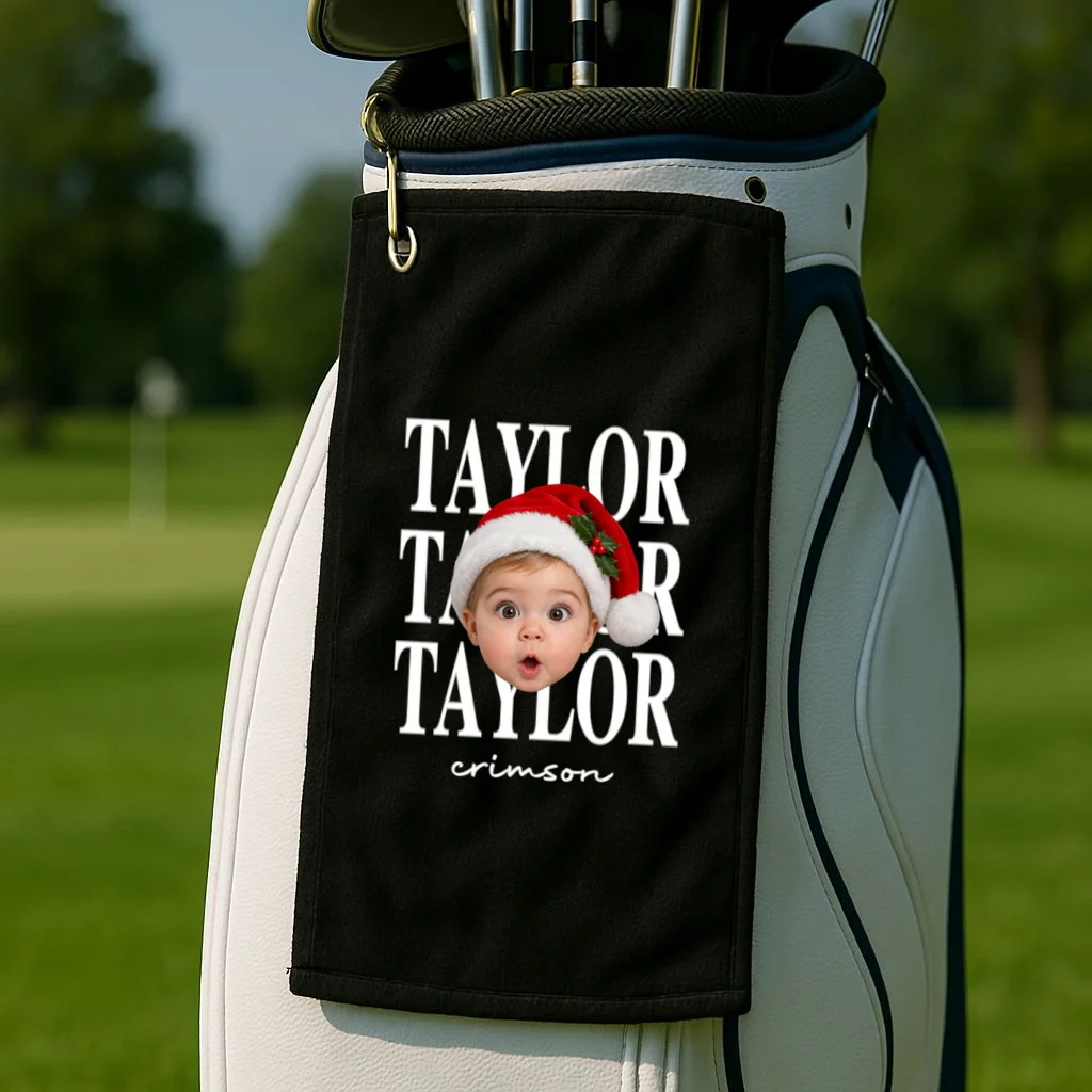 Personalized Christmas Photo Name Custom Gift - Santa Hat Portrait Holiday Design Golf Towel - Front 2