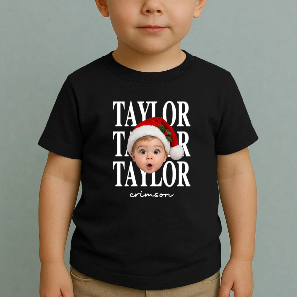 Personalized Christmas Photo Name Custom Gift - Santa Hat Portrait Holiday Design Toddler T-Shirt - Front 1