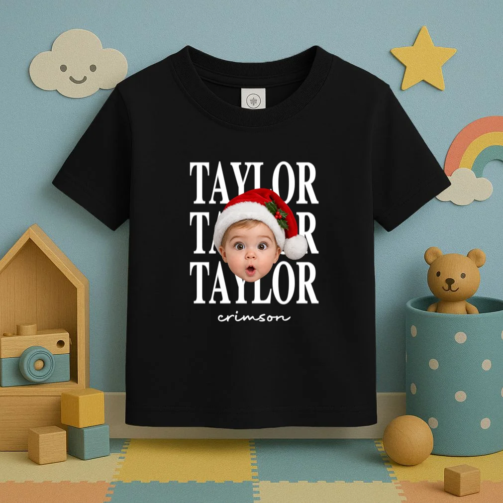 Personalized Christmas Photo Name Custom Gift - Santa Hat Portrait Holiday Design Toddler T-Shirt - Front 2