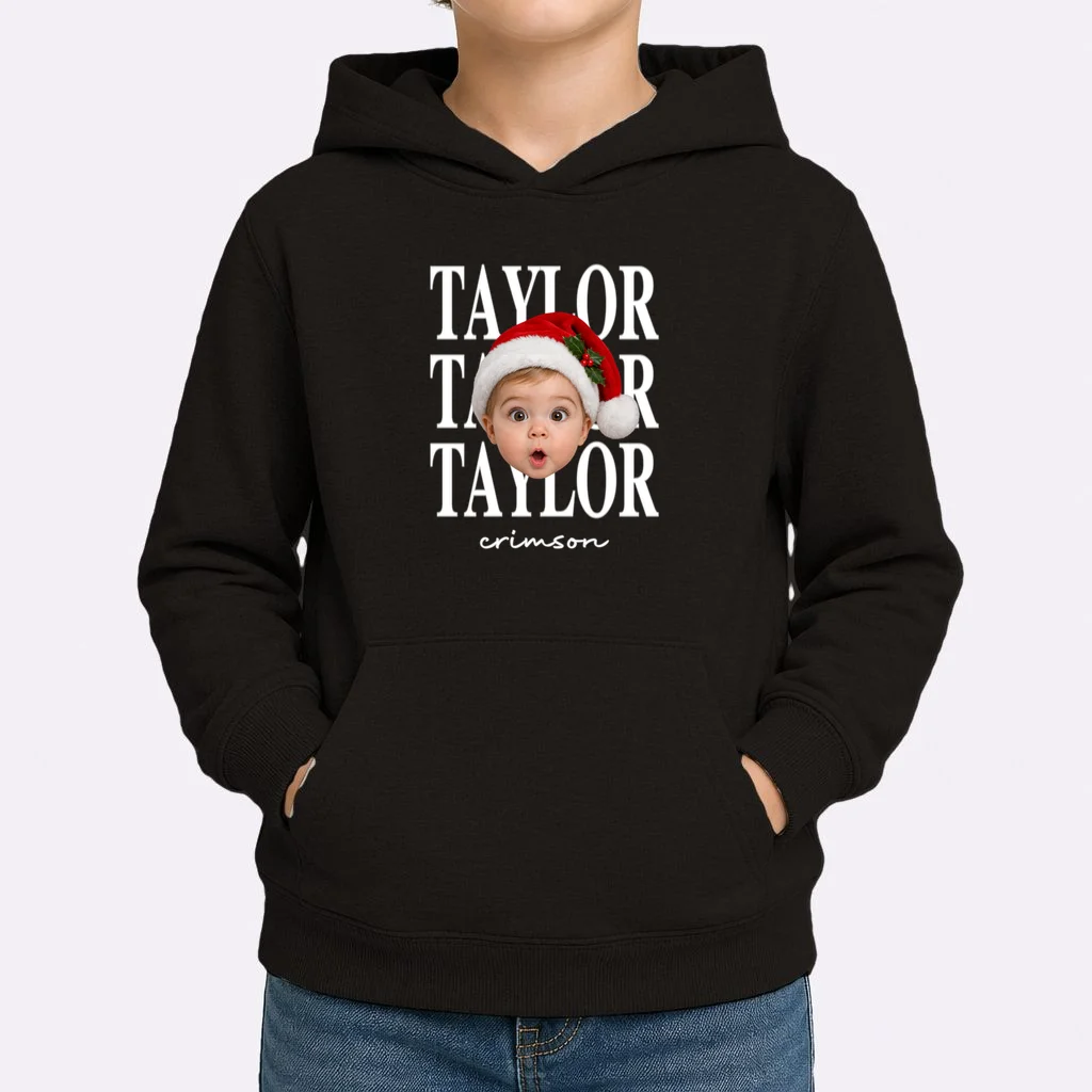 Personalized Christmas Photo Name Custom Gift - Santa Hat Portrait Holiday Design Kids Hoodie - Front 1