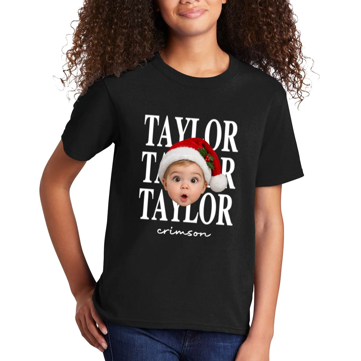 Personalized Christmas Photo Name Custom Gift - Santa Hat Portrait Holiday Design Kids T-Shirt - Front 1
