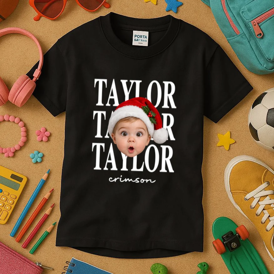 Personalized Christmas Photo Name Custom Gift - Santa Hat Portrait Holiday Design Kids T-Shirt - Front 2