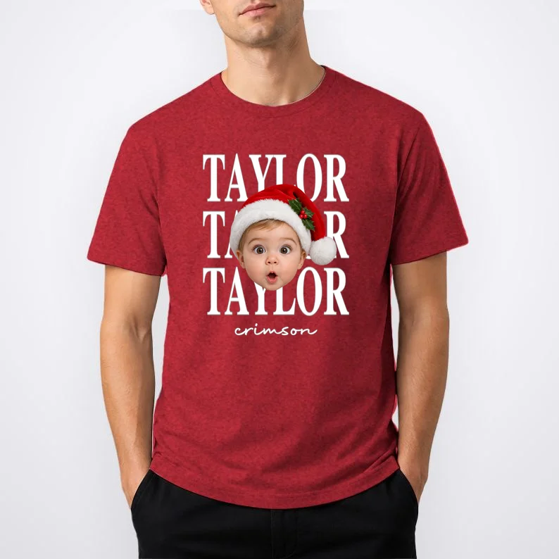 Personalized Christmas Photo Name Custom Gift - Santa Hat Portrait Holiday Design Men's T-Shirt - Front 1