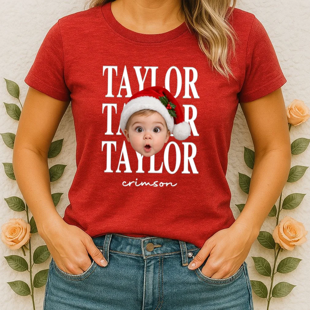 Personalized Christmas Photo Name Custom Gift - Santa Hat Portrait Holiday Design Women's T-Shirt - Front 1