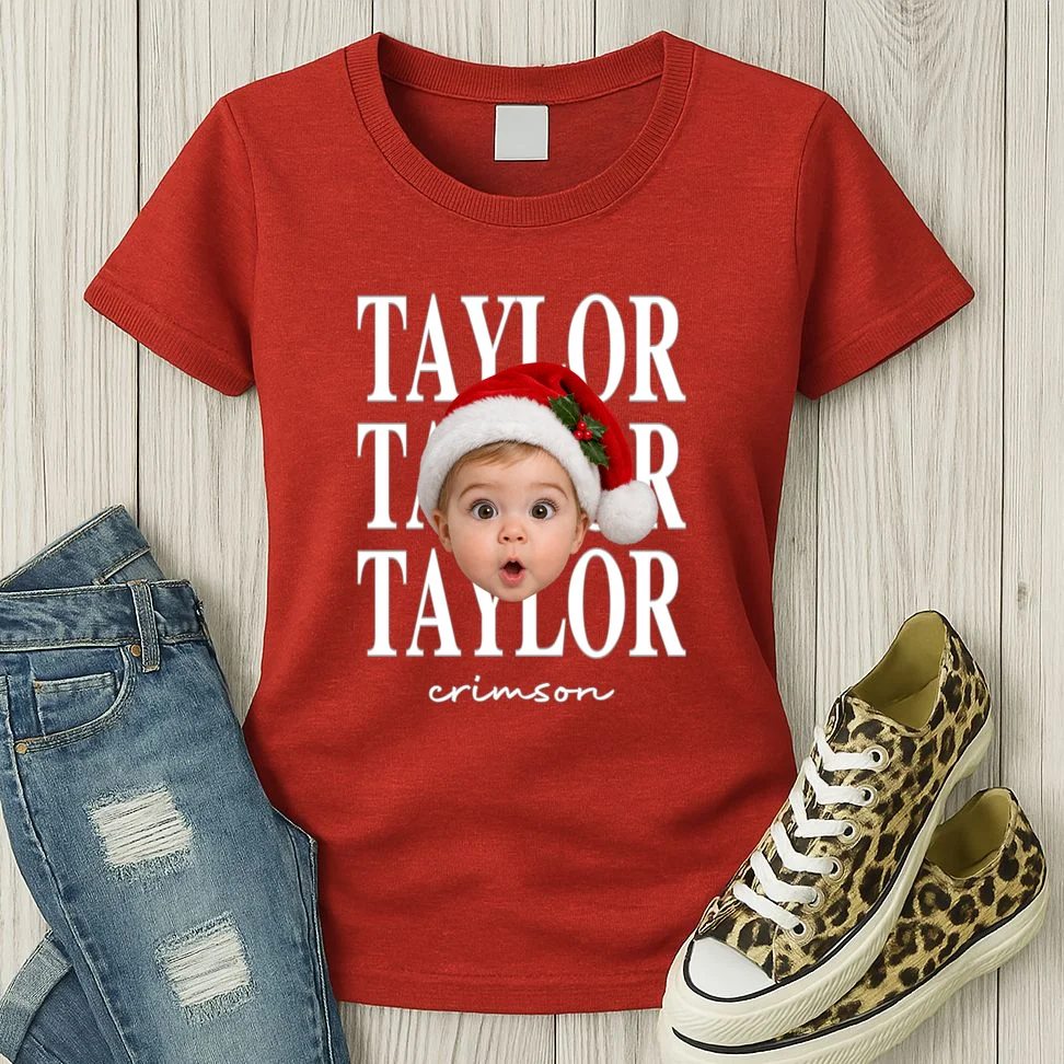 Personalized Christmas Photo Name Custom Gift - Santa Hat Portrait Holiday Design Women's T-Shirt - Front 2