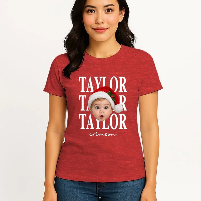 Personalized Christmas Photo Name Custom Gift - Santa Hat Portrait Holiday Design Women's T-Shirt - Front 3