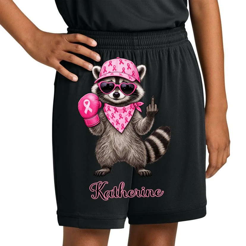 Personalized Custom Name Pink Ribbon Raccoon Breast Cancer Awareness Kids Shorts - Front 1