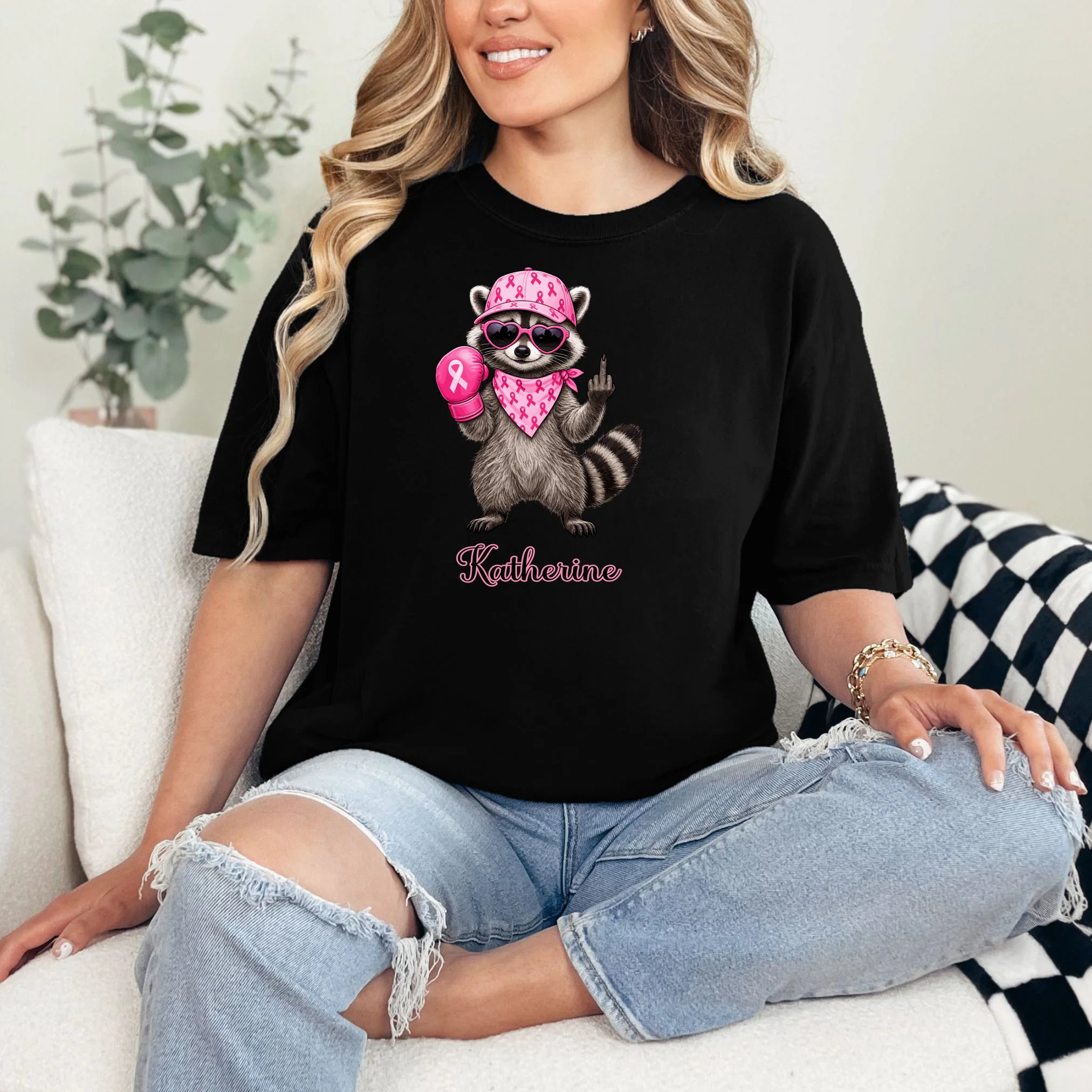 Personalized Custom Name Pink Ribbon Raccoon Breast Cancer Awareness Comfort Colors Unisex T-Shirt - Front 1